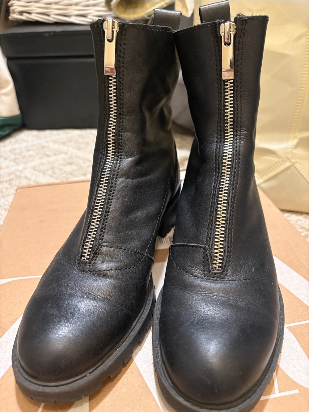 Zara Black Leather Ankle Boots with Rear Zip Pull